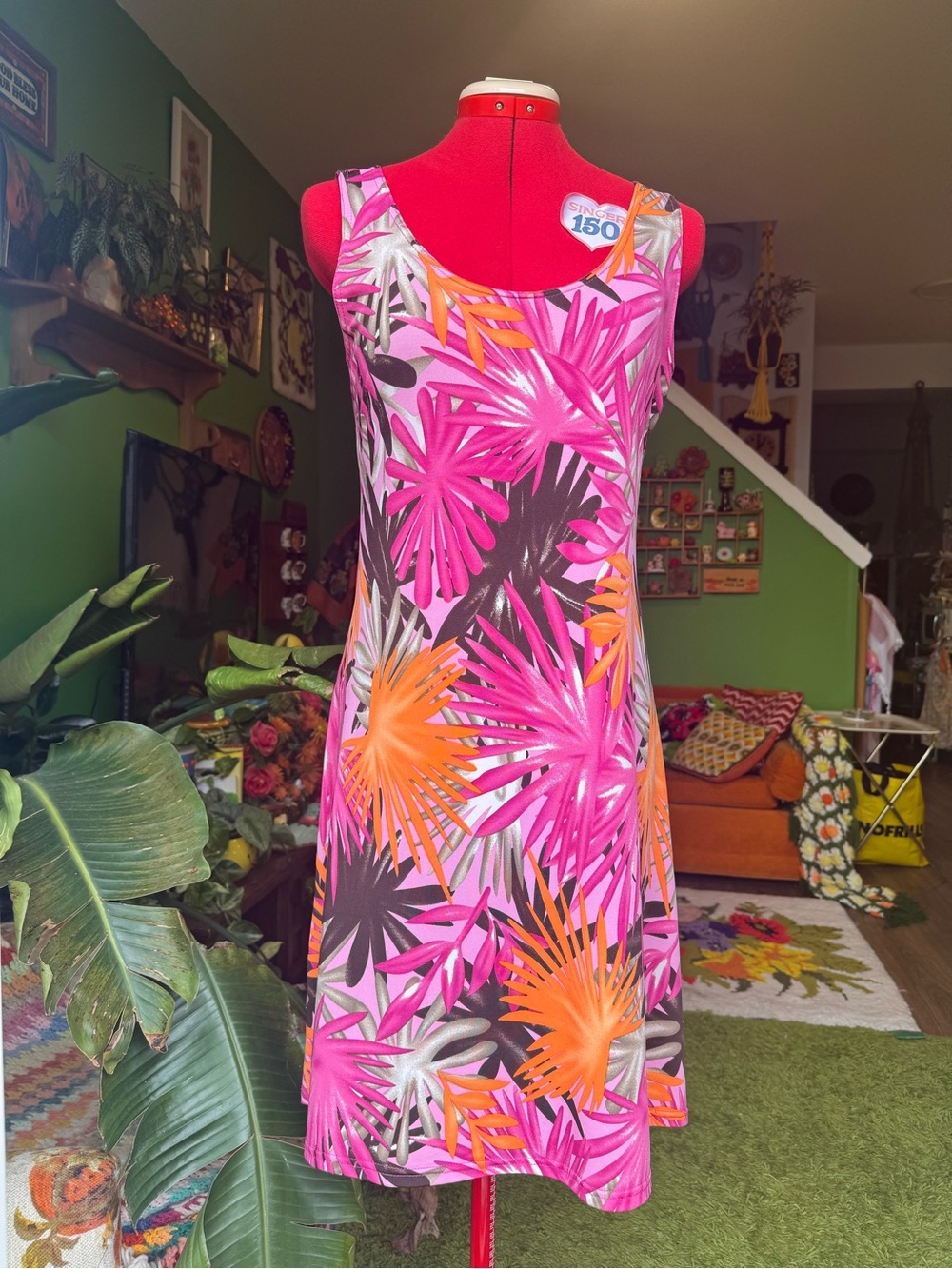 Vintage 90s Tropical Palm Print A-Line Dress - Pink & Orange